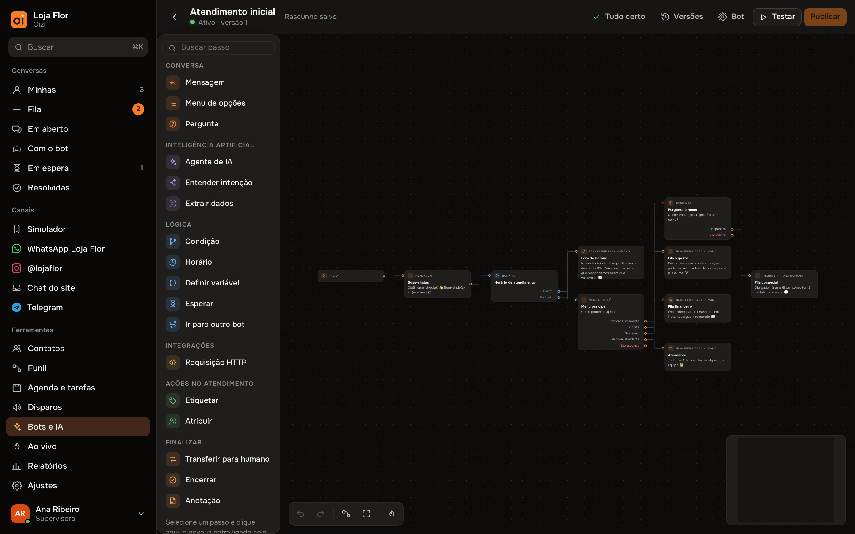 Editor visual de bots do Oizi no tema escuro