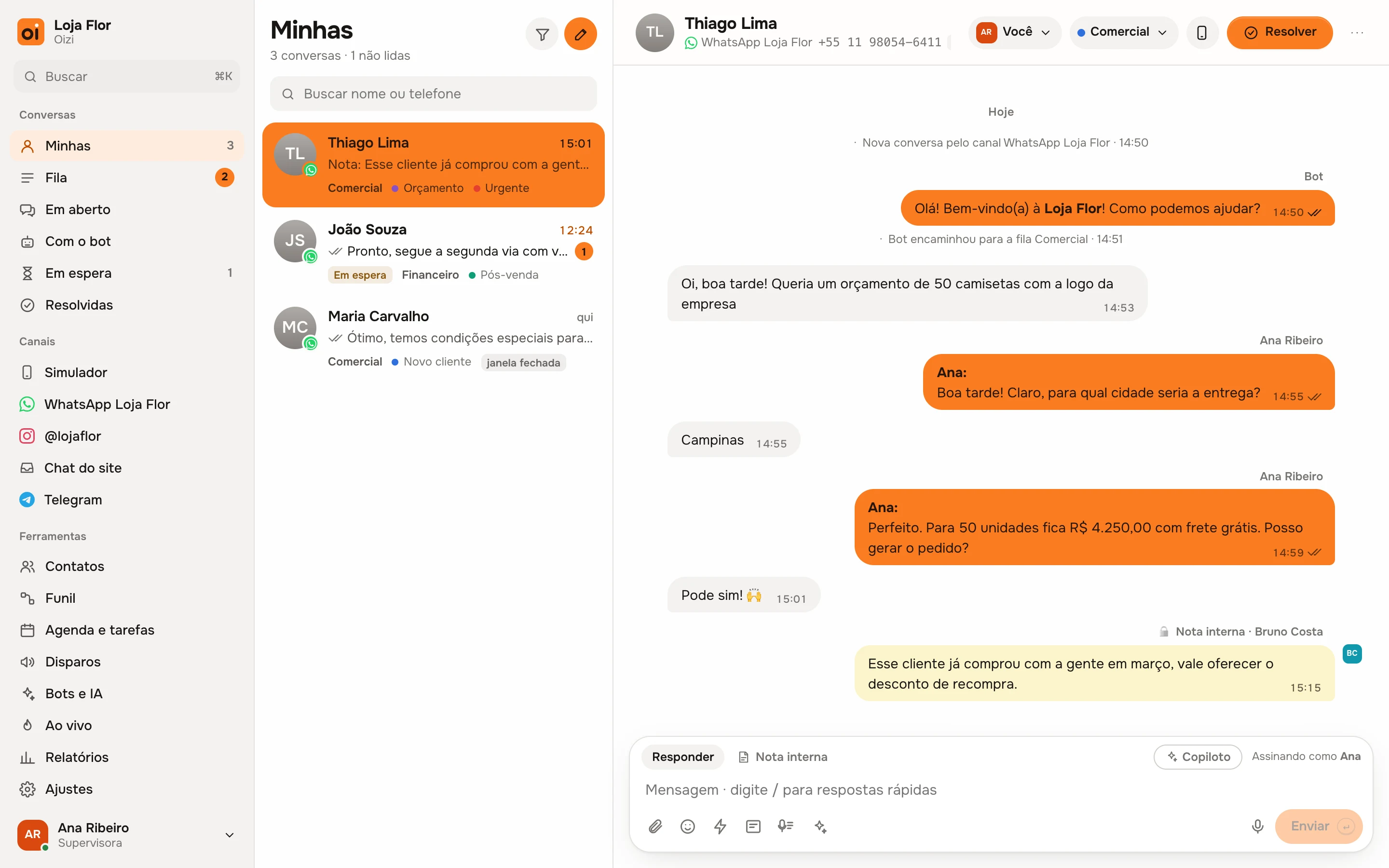 O Oizi no tema claro com uma conversa aberta, mensagens da equipe em tangerina e uma nota interna em amarelo
