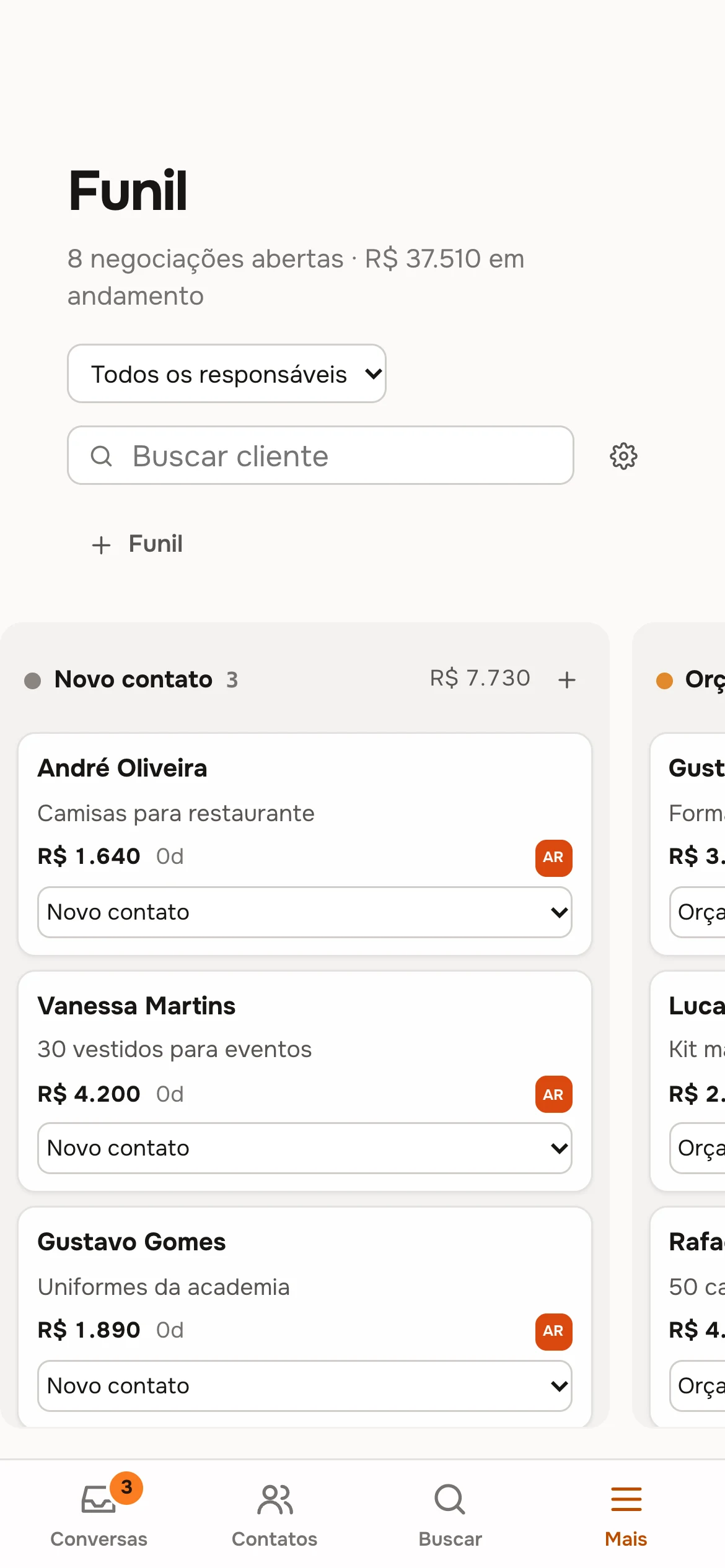 Oizi no celular: funil de vendas com negociações por etapa